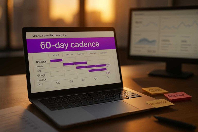 Desk workflow board on laptop with #ad00cc banner reading “60-day cadence,” checklists and QA notes nearby