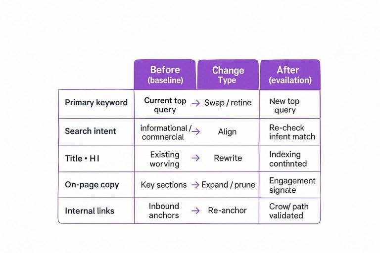 Before (baseline) → Change type → After (evaluation) table for Per-page capture across five on-page elements