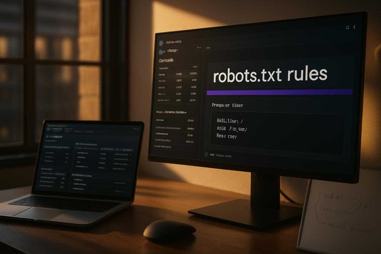 Monitor shows crawl log patterns with a #ad00cc UI banner reading "robots.txt rules" for parameter containment.
