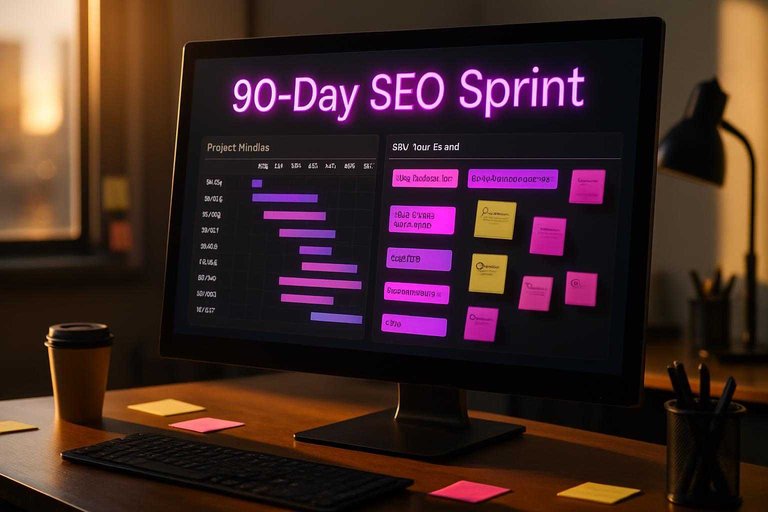 Monitor with 13-week SEO work plan board and neon #ad00cc label reading “90-Day SEO Sprint”