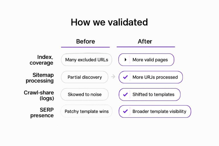 Before vs After checks: Index coverage, Sitemap processing, Crawl share (logs), SERP presence with improved results