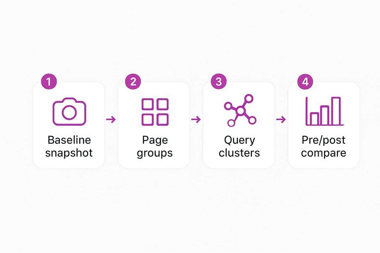 Four-step flow: Baseline snapshot, Page groups, Query clusters, Pre/post compare connected left to right