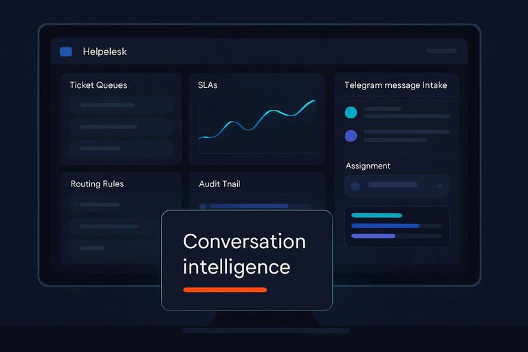 Dark support ops dashboard with Telegram intake panel and glowing #de520c overlay text “Conversation intelligence”
