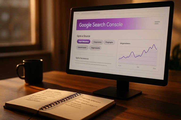 SEO workspace monitor displaying 'Google Search Console' in #ad00cc over clustered impression trend charts