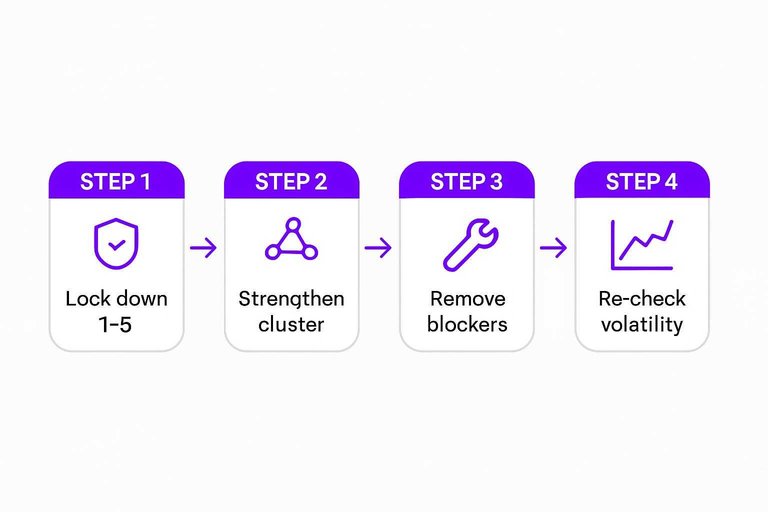 Four-step flow: Lock down 1–3 → Strengthen cluster → Remove blockers → Re-check volatility
