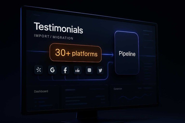 Dark SaaS import dashboard highlights "30+ platforms" in #df9800, showing testimonials migration pipeline in dark mode