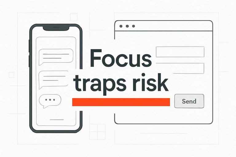 Minimal UX comparison scene with phone and web UI, showing centered overlay text "Focus traps risk" in #de520c.