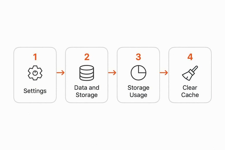 Four-step flow: Settings → Data and Storage → Storage Usage → Clear Cache with arrows