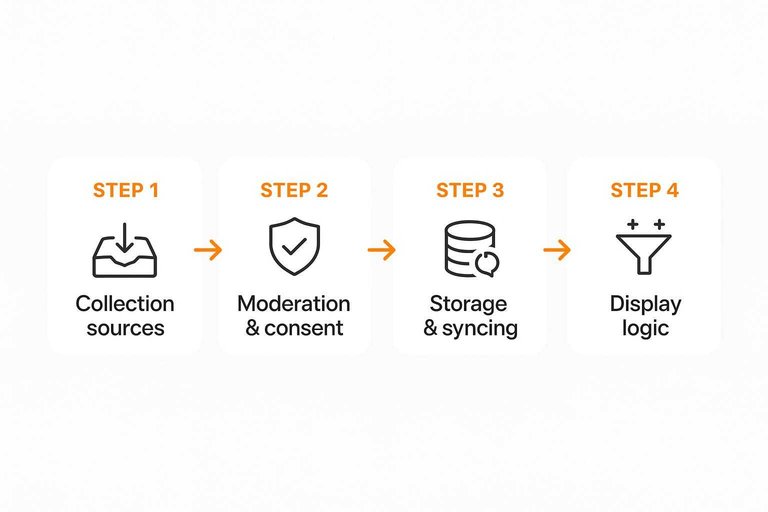 Four-step flow: Collection sources → Moderation & consent → Storage & syncing → Display logic
