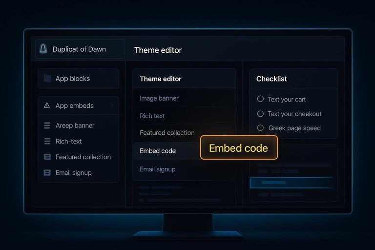 Dark Shopify theme editor UI with a highlighted panel reading 'Embed code' and checklist for safe widget setup