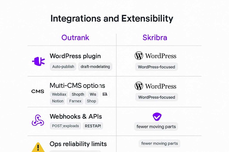 Comparison grid: WordPress plugin, Multi-CMS options, Webhooks & APIs, Ops reliability limits for Outrank vs Skribra
