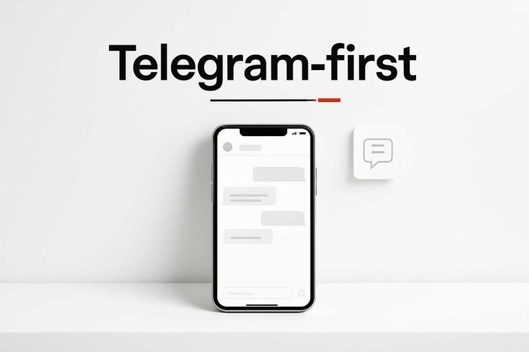 Minimal desk scene with phone and chat UI, featuring bold #de520c overlay text “Telegram-first” to convey Telegram support.