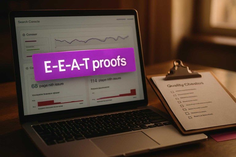 Desk workspace with analytics screen and a #ad00cc banner reading “E-E-A-T proofs” beside an SEO review checklist