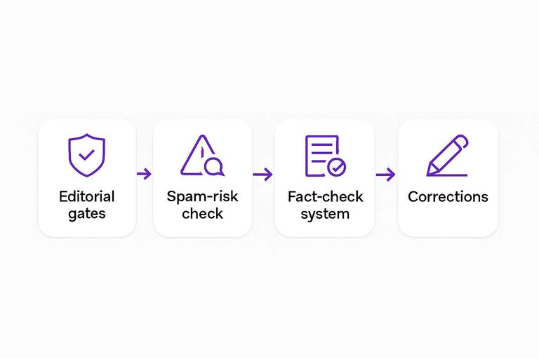 Four-step workflow: Editorial gates → Spam-risk check → Fact-check system → Corrections with arrows