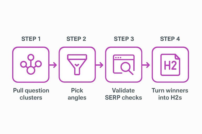 Four-step workflow: Pull question clusters, Pick angles, Validate SERP checks, Turn winners into H2s with arrows