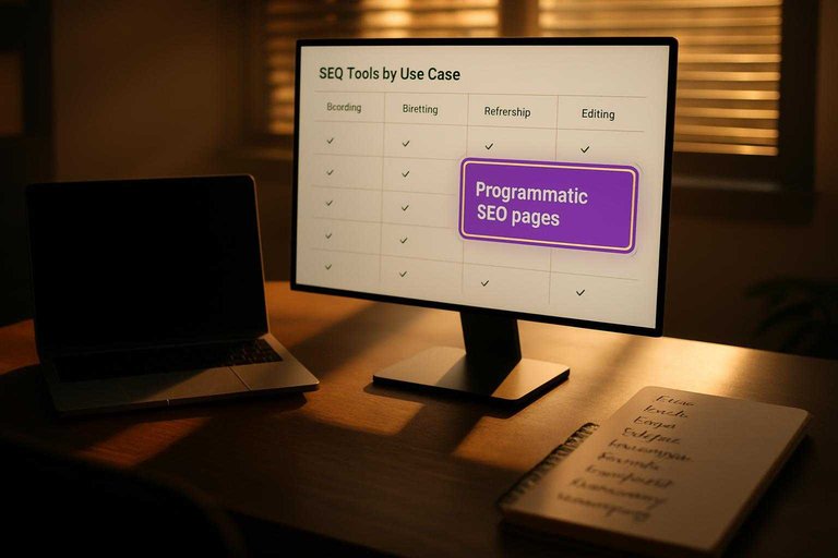 Desk workspace with SEO tool comparison dashboard highlighting the card text "Programmatic SEO pages" in #ad00cc