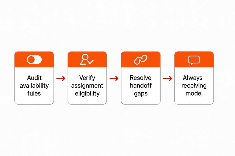 Four-step flow: Audit availability rules, Verify assignment eligibility, Resolve handoff gaps, Always-receiving model