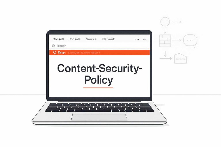 Laptop DevTools console highlighting “Content-Security-Policy” with #de520c accent, suggesting blocked scripts debugging