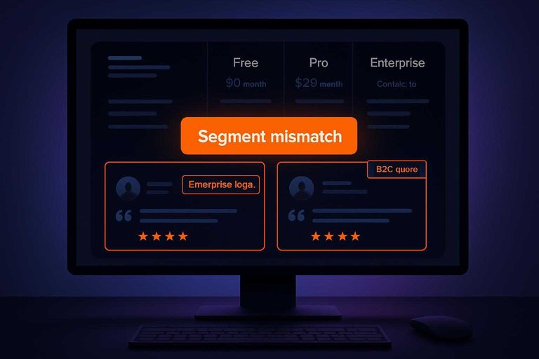 Dark SaaS pricing dashboard with highlighted testimonial cards and a #df9800 banner reading “Segment mismatch”