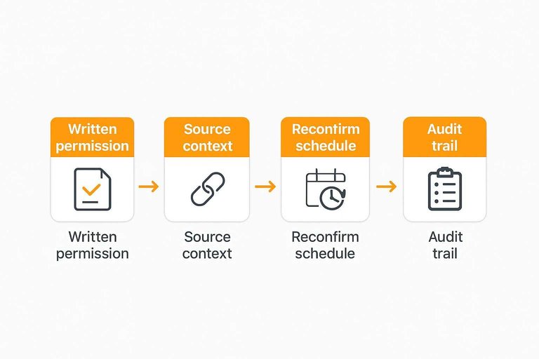 Four-step flow: Written permission → Source context → Reconfirm schedule → Audit trail with connecting arrows