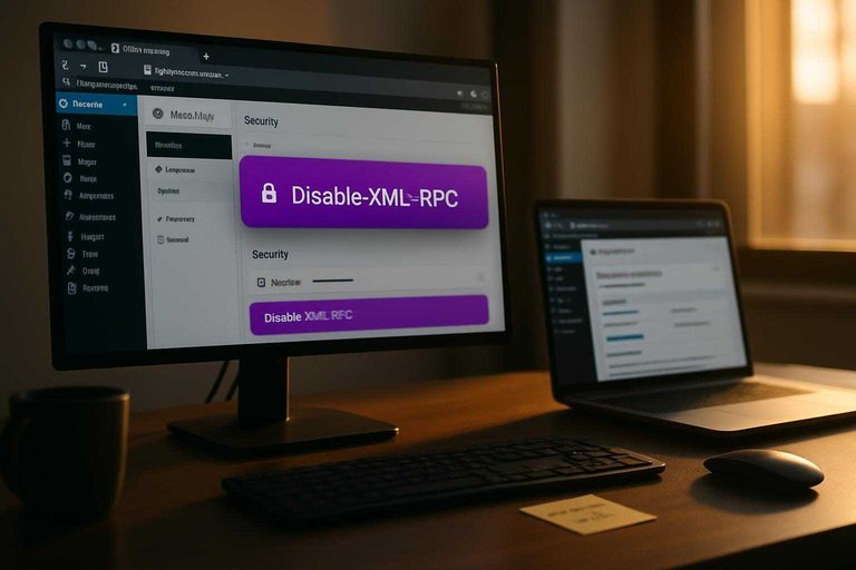 WordPress security settings on monitor with #ad00cc highlight reading “Disable XML-RPC” for a stable autoblogging base