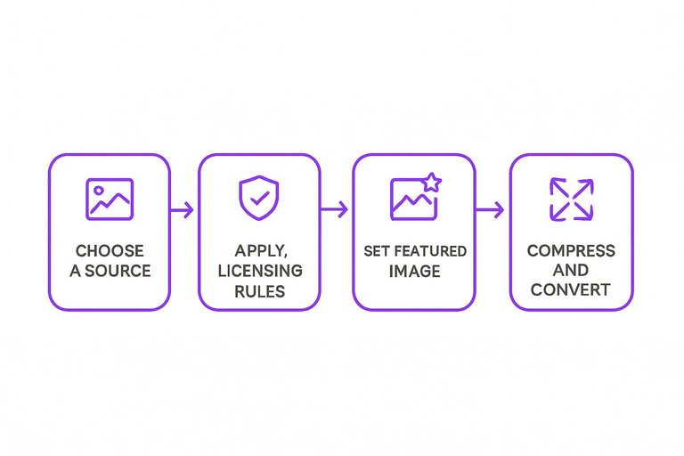 Four-step image workflow: Choose a source, Apply licensing rules, Set featured image, Compress and convert