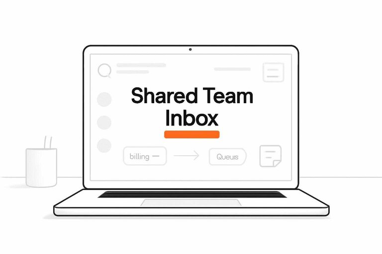 Laptop showing helpdesk chat flowing into a queue, with bold #de520c overlay text “Shared Team Inbox”