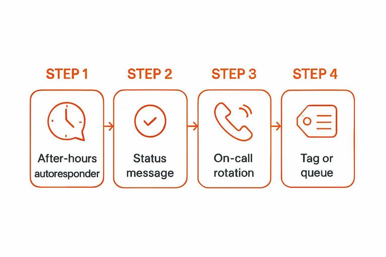 Four-step flow: After-hours autoresponder → Status message → On-call rotation → Tag or queue, linked by arrows