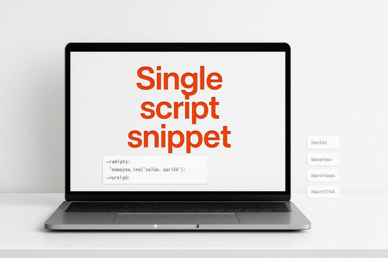 Laptop code editor with #de520c headline “Single script snippet,” hinting quick install across common web stacks.