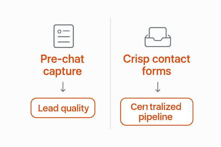 Side-by-side comparison: Pre-chat capture → Lead quality vs Crisp contact forms → Centralized pipeline