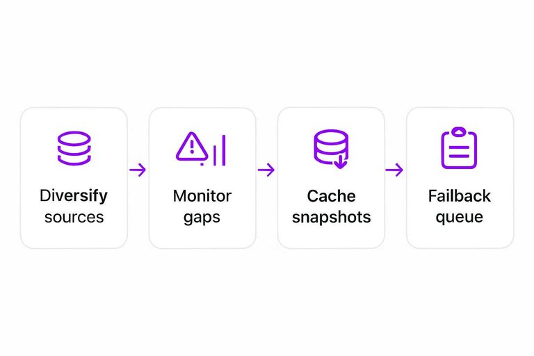 Four-step flow: Diversify sources, Monitor gaps, Cache snapshots, Fallback queue connected by arrows