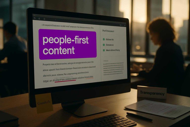 Editorial workspace with monitor showing trust checklist and a #ad00cc banner reading "people-first content"