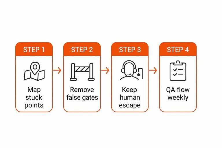 Four-step flow: Map stuck points → Remove false gates → Keep human escape → QA flow weekly