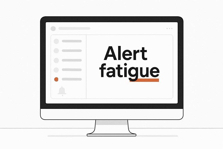 Minimal desk scene with muted notification panel; bold centered text overlay reads “Alert fatigue” in #de520c accent.