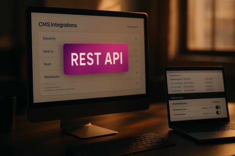 Monitor shows CMS integrations dashboard with '#ad00cc' banner text 'REST API' beside webhook event logs