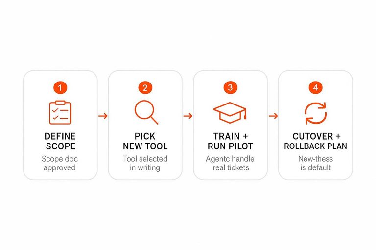 Four-step flow: Define scope, Pick new tool, Train + run pilot, Cutover + rollback plan with arrows