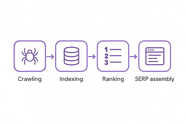 Four-step flow: Crawling → Indexing → Ranking → SERP assembly, connected by arrows