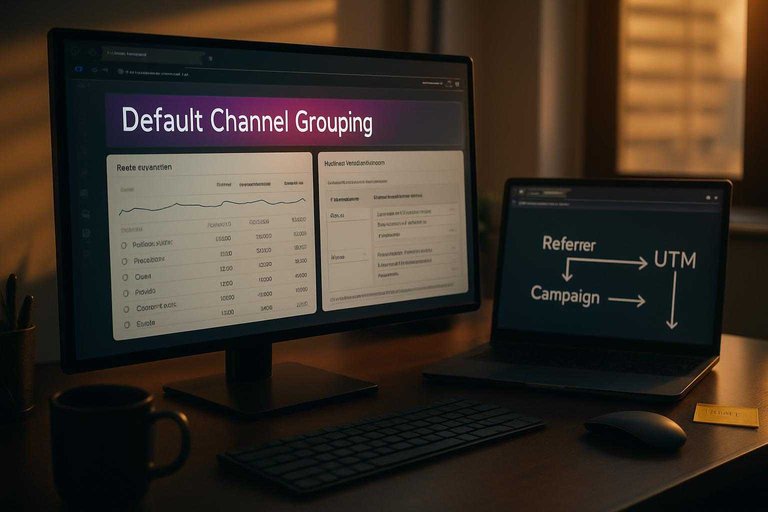 Desk workspace with analytics monitor highlighting “Default Channel Grouping” in #ad00cc beside attribution notes