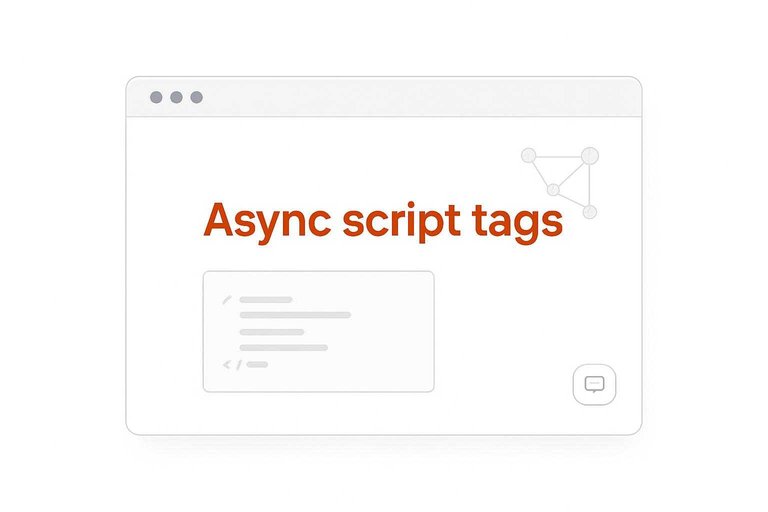 Minimal browser embed mockup with chat launcher and bold #de520c text overlay reading 'Async script tags'