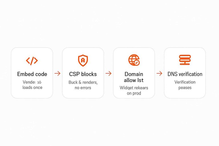 Four-step checklist flow: Embed code, CSP blocks, Domain allowlist, DNS verification connected by arrows