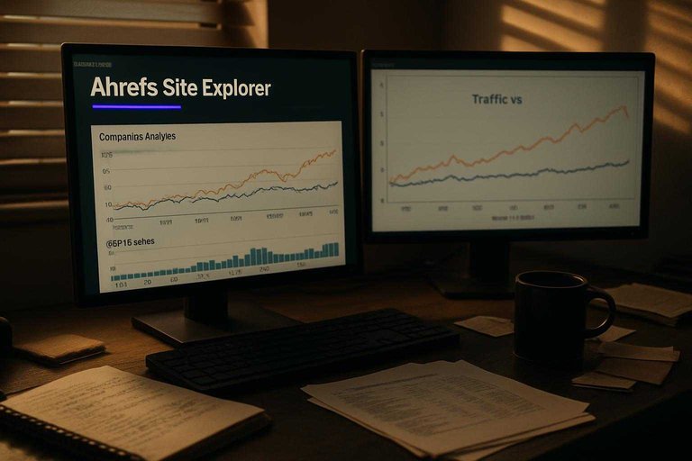 Moody dual-monitor SEO desk with purple label reading "Ahrefs Site Explorer" during a competitor traffic cross-check.