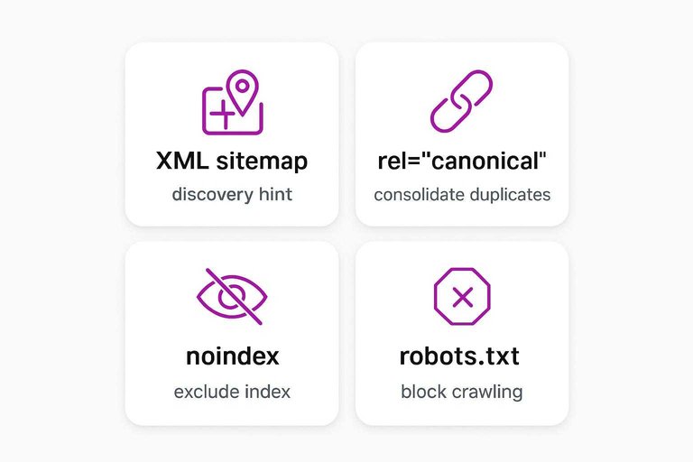 2x2 comparison: XML sitemap, rel="canonical", noindex, robots.txt with brief roles for crawl and indexing control