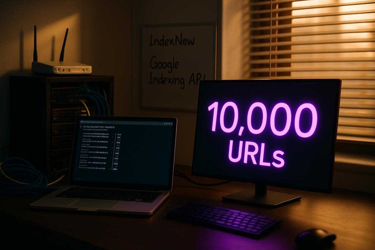 Web-ops desk with terminal URL queue; purple-lit overlay text “10,000 URLs” highlights bulk indexing requests.