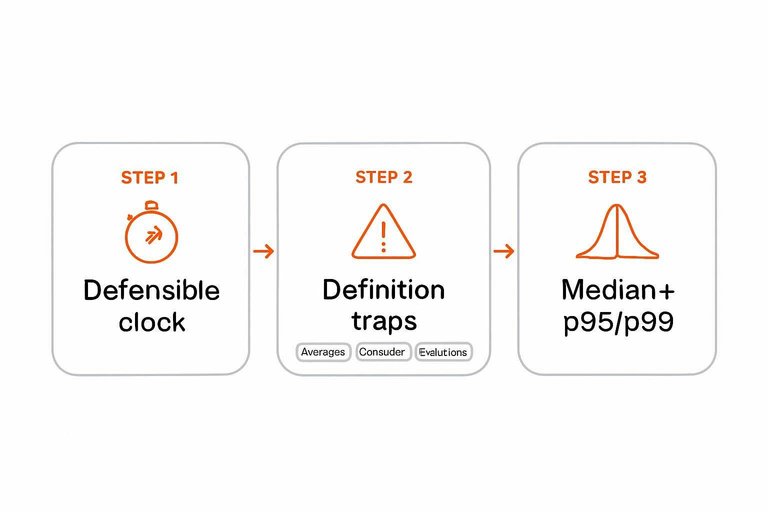 Three-step flow: Defensible clock → Definition traps → Median + p95/p99, with callouts Averages, Clock drift, Exclusions