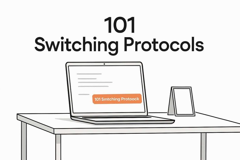 Minimal network desk scene with WebSocket upgrade cues and bold centered text “101 Switching Protocols” in #de520c.