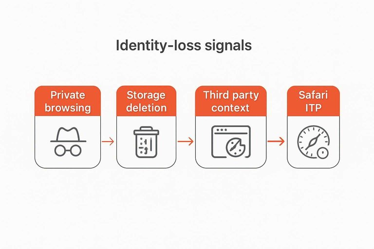 Four-step flow of identity-loss signals: Private browsing, Storage deletion, Third-party context, Safari ITP