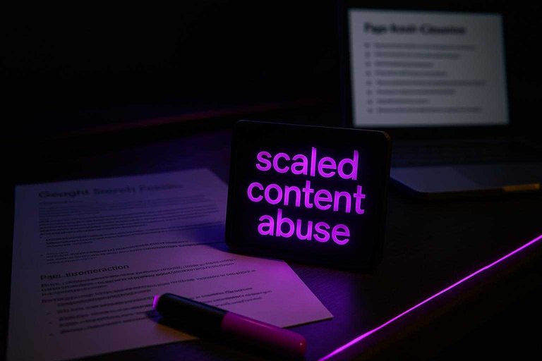 Policy review desk with a neon placard reading “scaled content abuse,” signaling SEO automation spam-policy tripwires.