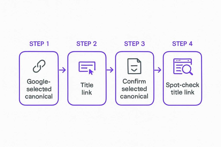 Four-step verification flow: Google-selected canonical, Title link, Confirm selected canonical, Spot-check title link