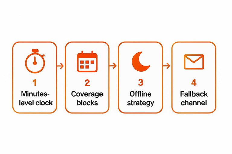 Four-step flow: Minutes-level clock → Coverage blocks → Offline strategy → Fallback channel with arrows