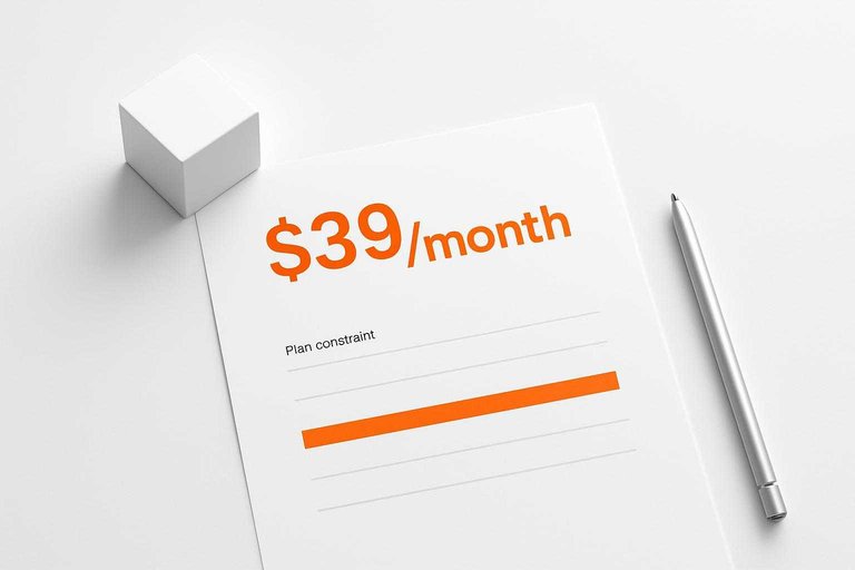 Sparse desk with pricing sheet and bold accent overlay text “$39/month,” highlighting branding add-on cost.
